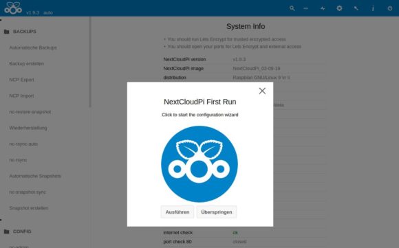 Der Konfigurationsassistent von NextCloudPi erwartet Dich