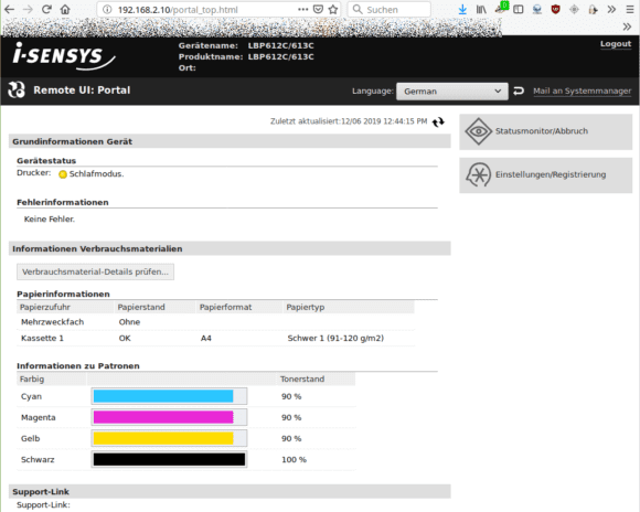 Canon LBP613Cdw via Browser verwalten