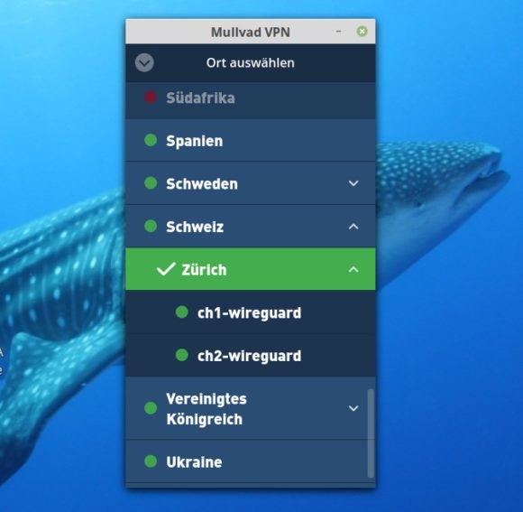 Mullvad GUI mit WireGuard verbunden