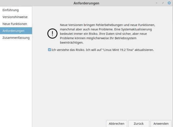 Anforderungen und Einverständnis für das Upgrade auf Linux Mint 19.2