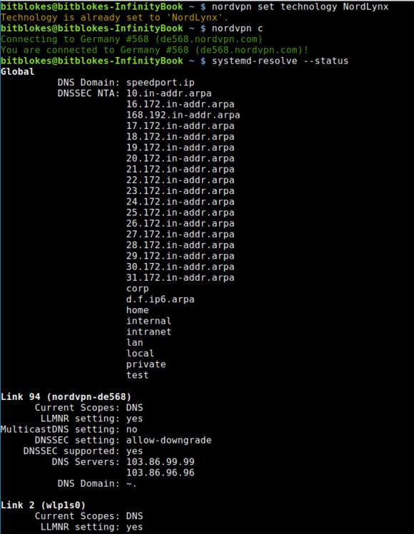 Benutzte DNS-Server abfragen – die unter Link 94 gehören zu NordLynx