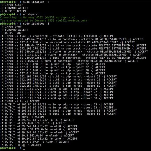 iptables vor und nach einer Verbindung zum NordVPN-Netzwerk