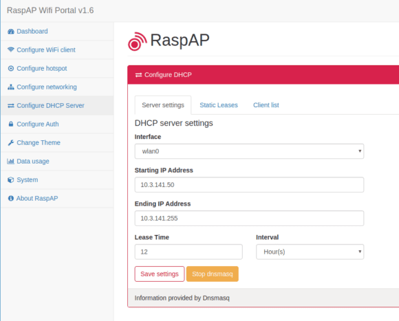 DHCP-Server von RaspAP konfigurieren