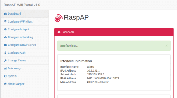 Dashboard von RaspAP