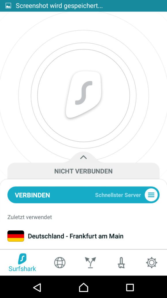Die Android-Oberfläche von Surfshark
