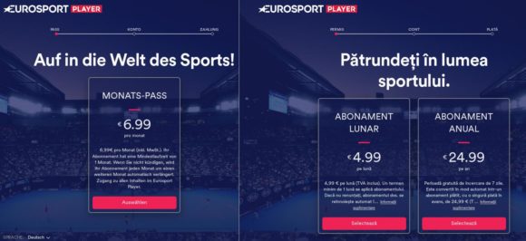 Eurosport: links via Deutschland, rechts über Rumänien – damit ist der Preis von NordVPN fast schon kompensiert