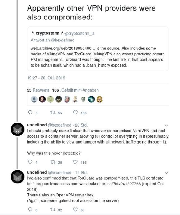 Neben nordVPN hatte anscheinend auch TorGuard und VikingVPN ein Problem