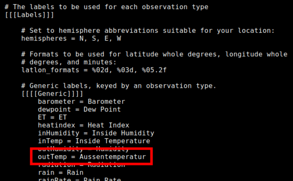 Bezeichnungen in der Datei /etc/weewx/weewx.conf anpassen