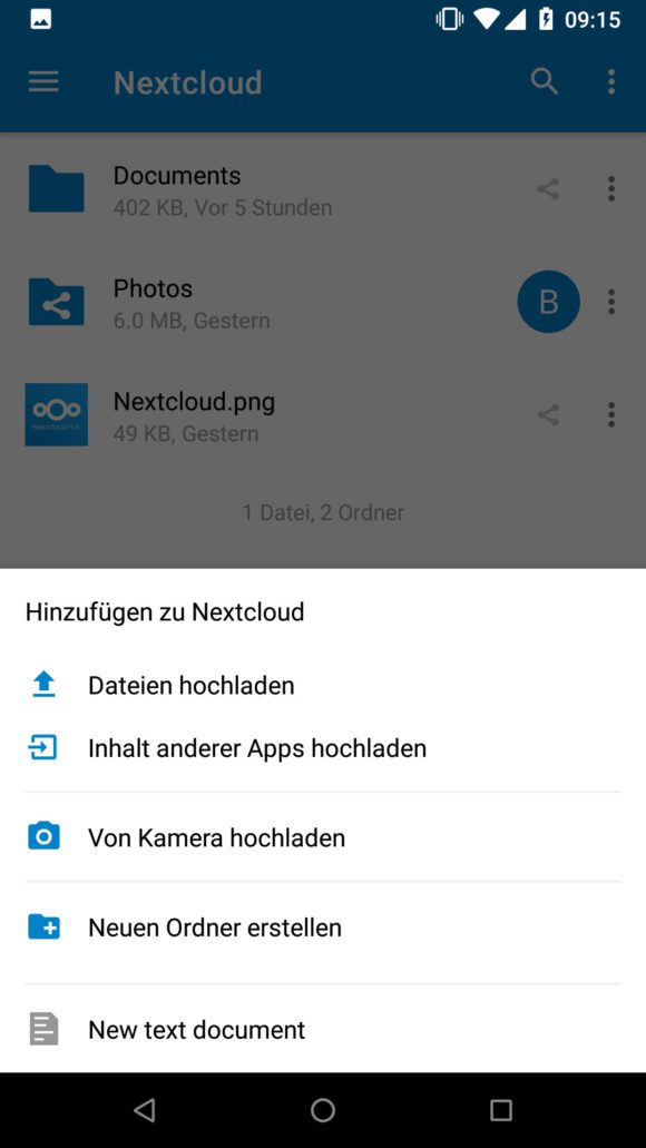 Nextcloud 18 und der Android-Client: Neue Textdatei erstellen ist möglich (hier ist Collabora 18 aktiv)