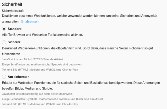 Sicherheitsstufe bei Tor Browser