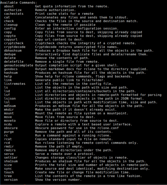 Alle für rclone verfügbaren Befehle