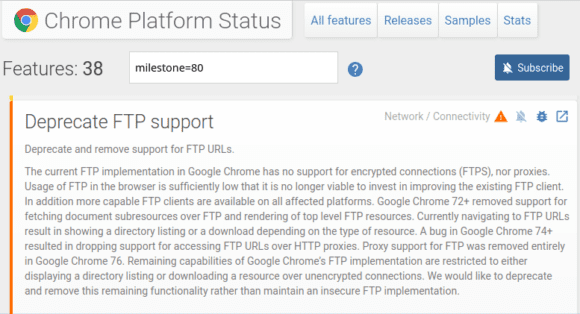 FTP-Unterstützung wird bei Chrome 80 deaktiviert