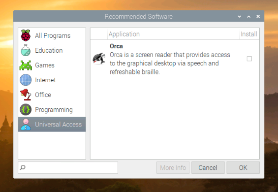 Orca via Recommended Software unter Raspbian installieren