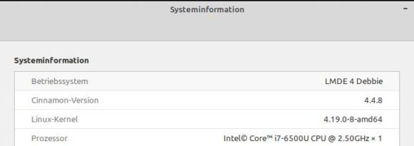 Systeminformationen: Linux-Kernel 4.19 und Cinnamon 4.4.8