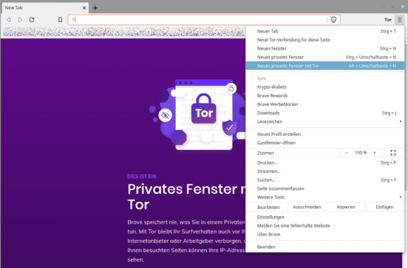 Brave enthält ebenfalls einen Tor-Modus