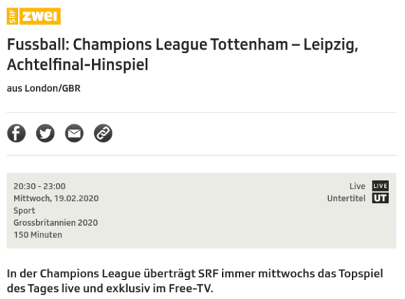 Tottenham – Leipzig live bei SRF2