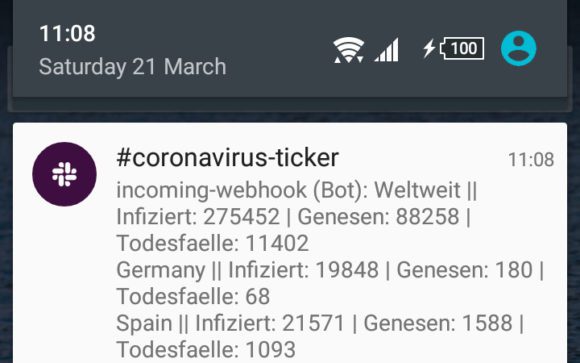 Slack App auf dem Smartphone funktioniert auch als Coronavirus-Ticker