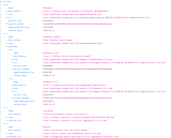 Die JSON-Datei, auf die der Raspberry Pi Imager zurückgreift