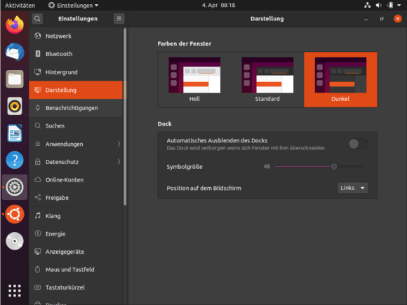 Ubuntu 20.04 LTS bietet als Themes Hell, Standard und Dunkel