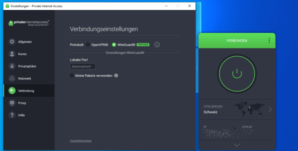 Auch der Windows Client von PIA stellt WireGuard zur Verfügung