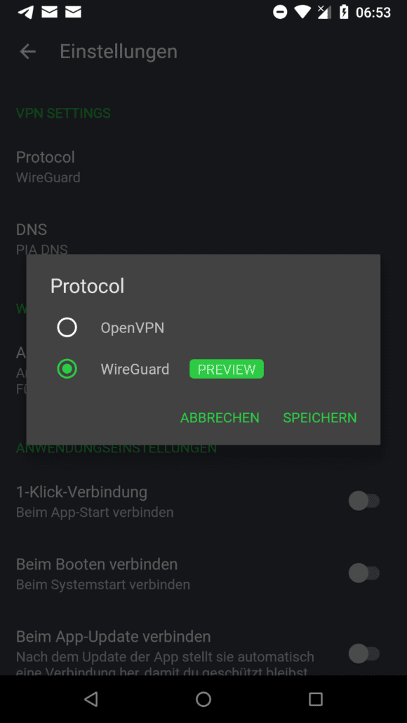 WireGuard im Android Client von Private Internet Access