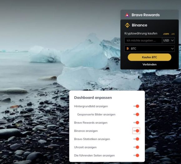 Binance-Widget in Brave 1.8 anzeigen oder nicht?