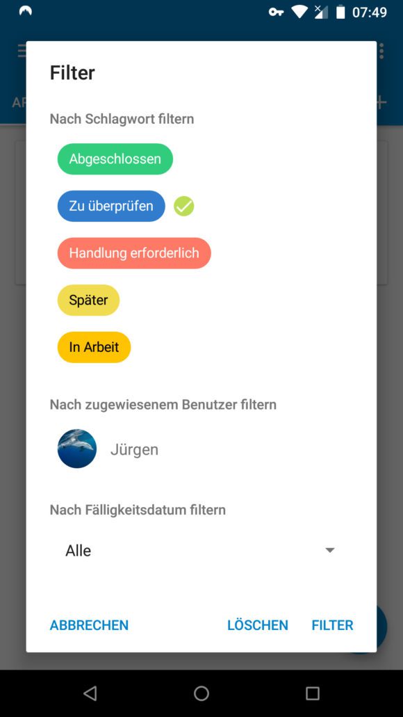 Nextcloud Deck für Android –nach Karten filtern