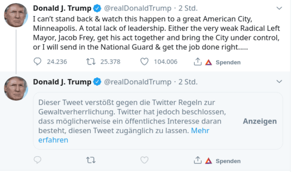 Trumps Tweet wegen Gewaltverherrlichung ausgeblendet