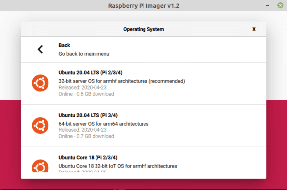 Ubuntu 20.04 LTS Focal Fossa im Raspberry Pi Imager Tool