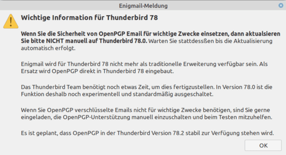 Enigmail warnt vor manueller Aktualisierung auf Thunderbird 78