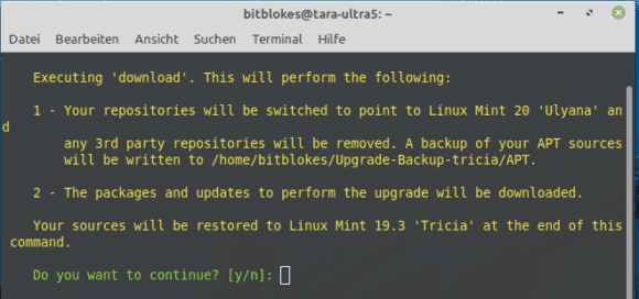 Erst folgt der Download, dann das Upgrade auf Linux Mint 20