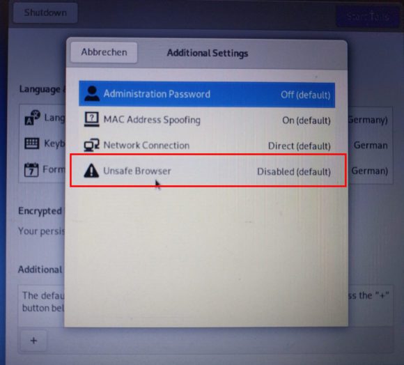 Unsicherer Browser muss ab Tails 4.8 bei Systemstart aktiviert werden