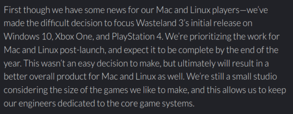 Wasteland 3 für Linux und macOS verzögert sich