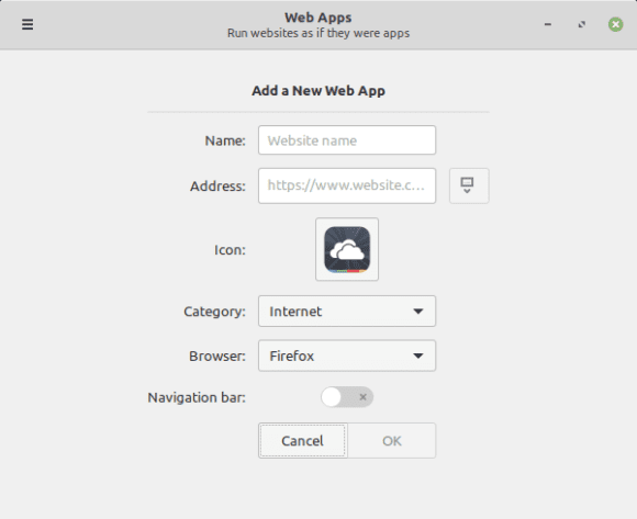 Eine neue Website mit dem WebApp Manager hinzufügen (Quelle: linuxmint.com)