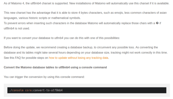 Wer utf8mb4 bei Matomo 4 nutzen möchte, muss die Datenbank manuell umstellen