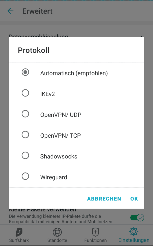 Im Android-Client von Surfshark gibt es WireGuard als Option