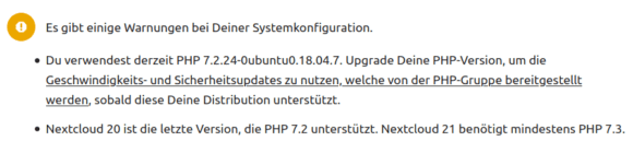 Nextcloud warnt bei nicht mehr aktueller PHP-Version