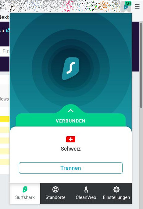 Auch mit der Browser-Erweiterung von Surfshark kann man sich in die Schweiz für den Giro Live-Stream verbinden