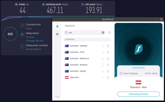 Surfshark mit weit über 400 MBit/s nach Österreich