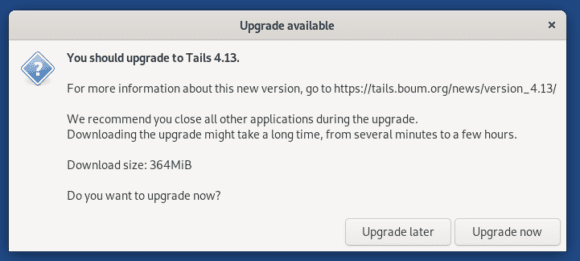Du kannst ab sofort auf Tails 4.13 aktualisieren
