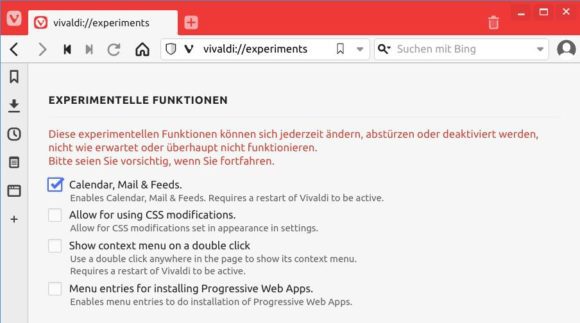 Über Vivaldi Experiments Mail, Feed reader und Kalender aktivieren