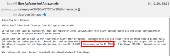 Die Uhr ist bereits am 16.11.2020 eingegangen