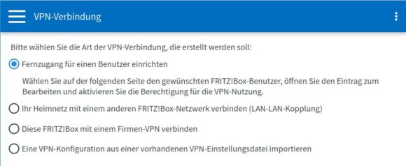 Du hast diese Optionen, um Dein FRITZ!Box VPN einzurichten