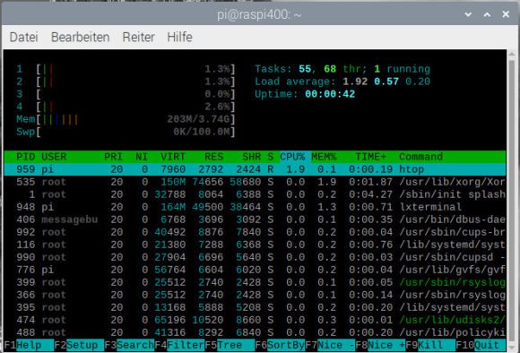 Speicherauslastung (RAM) von Raspberry Pi OS direkt nach dem Start