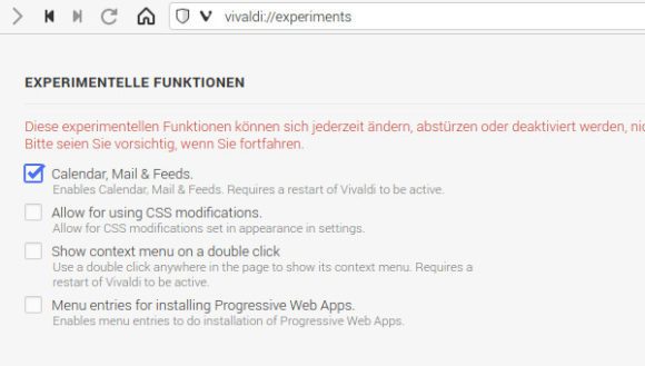 E-Mail-Client via Vivaldi Experiments aktiviert