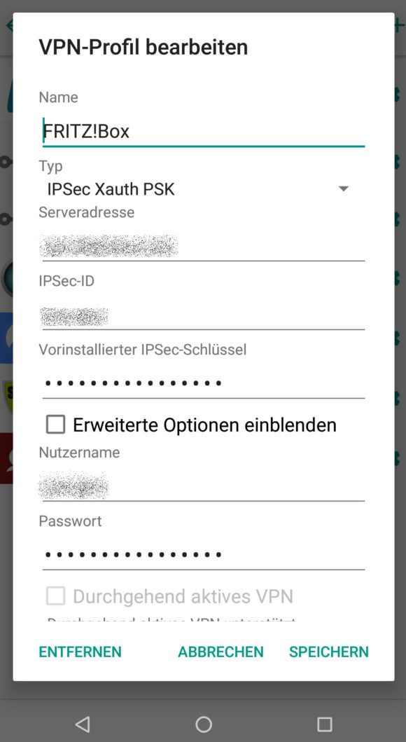 FRITZ!Box VPN unter Android eingerichtet