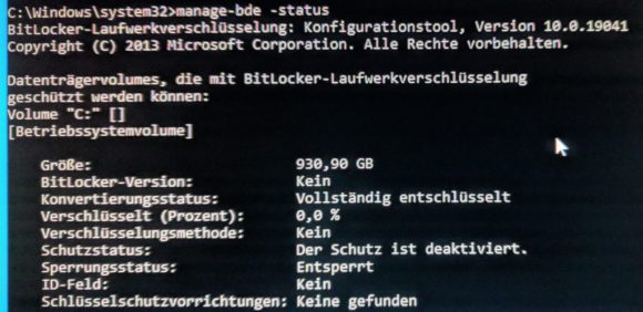 Nun ist die Festplatte unter Windows 10 vollständig entschlüsselt