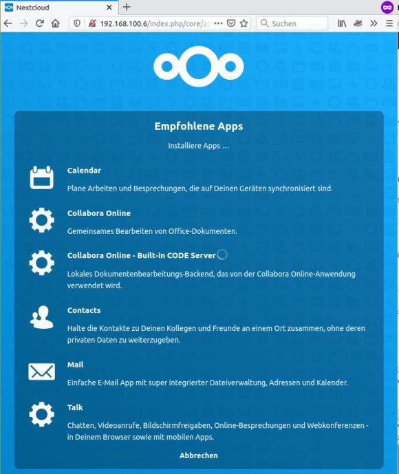 Die empfohlenen Apps werden installiert – auch Collabora Online für Raspberry Pi