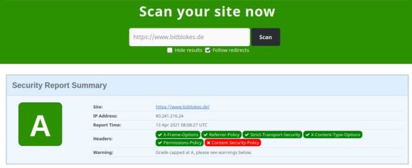 Securityheaders ist auf jeden Fall glücklich.