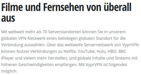 VyperVPN wirbt ausdrücklich dafür, Geoblocking umgehen zu können